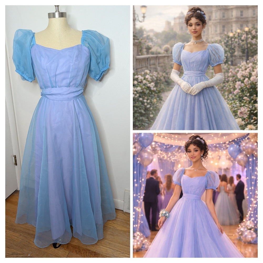 VTG 80s Blue/Lavender Taffeta Prom Dress Puff Sleeve Bridgerton Formal Gown